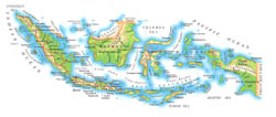 Detailed elevation map of Indonesia with roads, relief and airports.