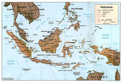 Large political map of Indonesia with relief, roads and major cities - 1998.
