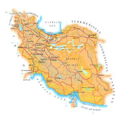 Detailed elevation map of Iran with roads, cities and airports.