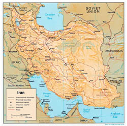 Detailed political and administrative map of Iran with relief, roads and cities - 1990.