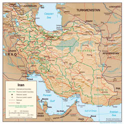 Large detailed political and administrative map of Iran with relief, roads and major cities - 2001.