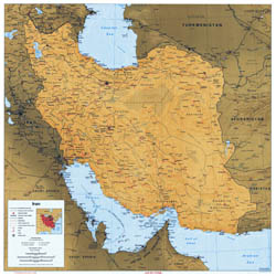 Large detailed political map of Iran with relief all roads, cities and airports - 1996.