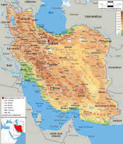 Large physical map of Iran with all cities, roads and airports.
