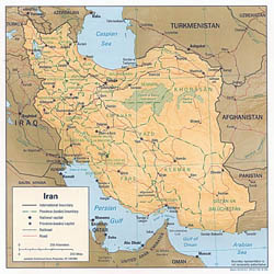 Large political and administrative map of Iran with relief, roads and cities - 1996.