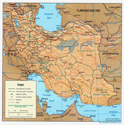 Large political and administrative map of Iran with relief, roads and major cities - 2001.