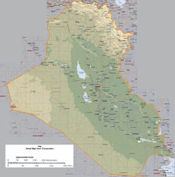 Detailed elevation map of Iraq with roads and cities.