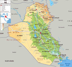 Large physical map of Iraq with roads, cities and airports.