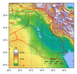 Large topographical map of Iraq.