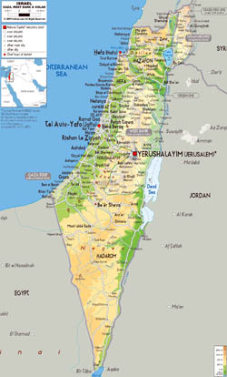 Large physical map of Israel with all roads, cities and airports.