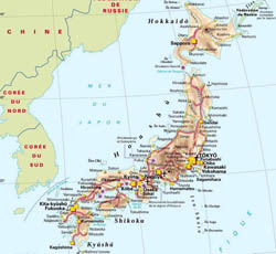 Detailed elevation map of Japan with roads, cities and airports.