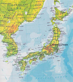 Elevation map of Japan with roads and cities.