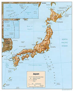 Large political map of Japan with relief - 1996.