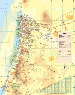 Detailed elevation map of Jordan with roads, cities, airports and other marks.