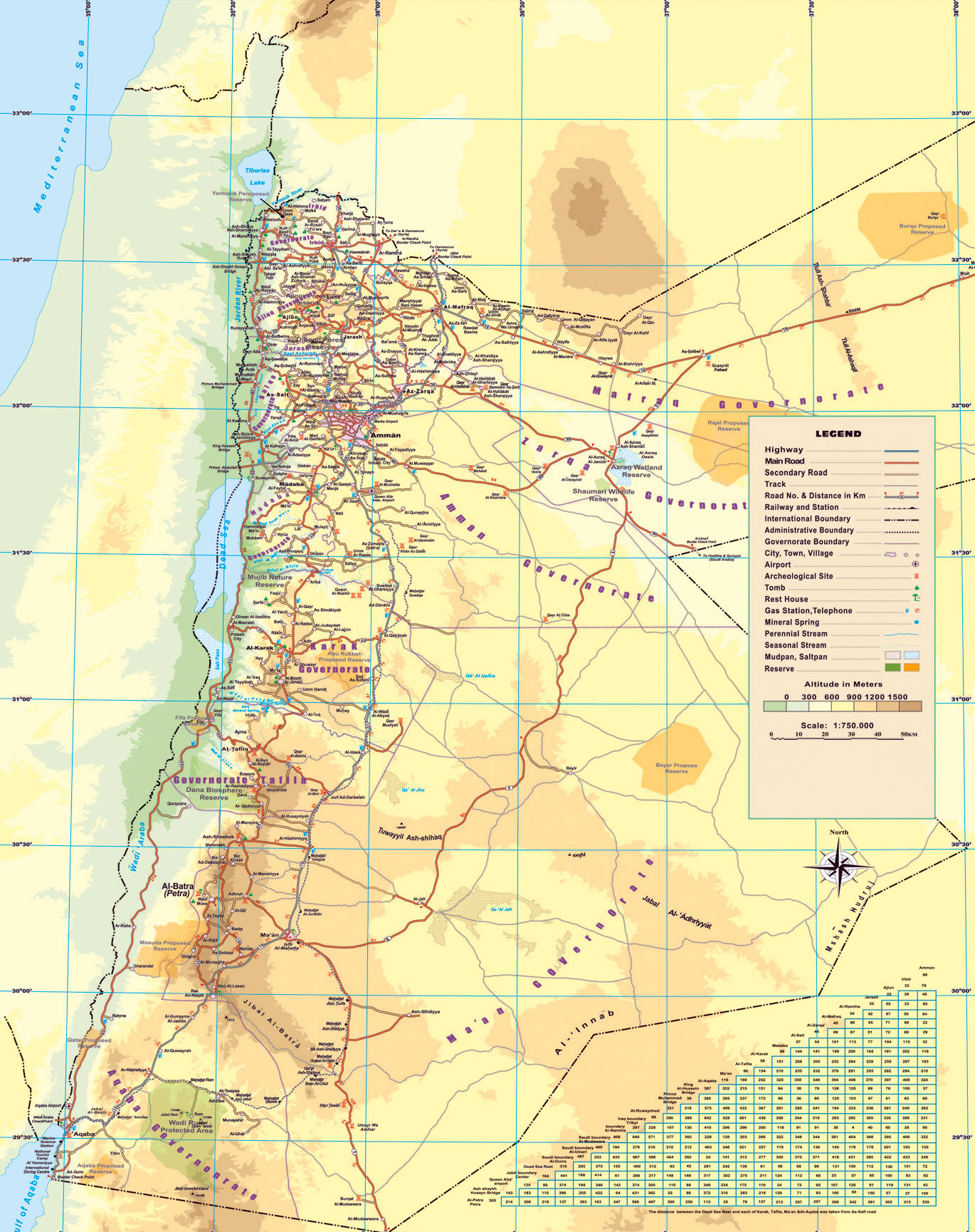 Detailed Elevation Map Of Jordan With Roads Cities Airports And Other Marks 