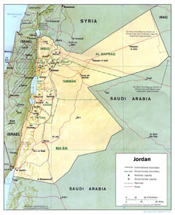 Detailed political and administrative map of Jordan with relief - 1991.