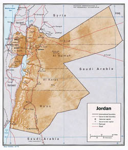 Detailed political and administrative map of Jordan with relief, roads and major cities - 1972.