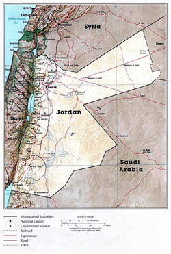 Detailed political map of Jordan with relief.