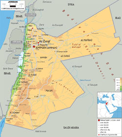 Large physical map of Jordan with roads, cities and airports.