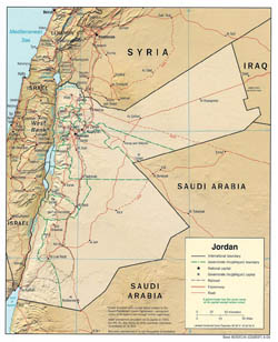 Large political and administrative map of Jordan with relief, roads and cities - 2004.