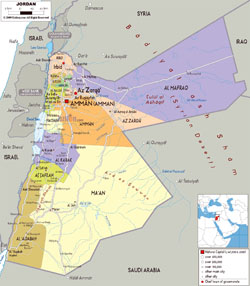 Large political and administrative map of Jordan with roads, cities and airports.