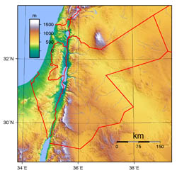 Large topographical map of Jordan.