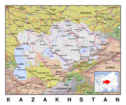 Detailed political map of Kazakhstan with relief.