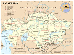 Large detailed political and administrative map of Kazakhstan with roads, major cities and airports.