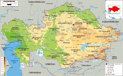 Large physical map of Kazakhstan with roads, cities and airports.