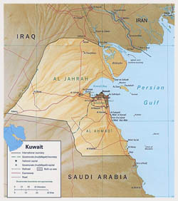 Detailed political map of Kuwait with relief.