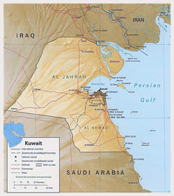 Detailed political map of Kuwait with relief.
