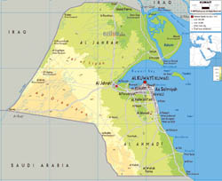 Large physical map of Kuwait with roads, cities and airports.