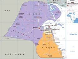 Large political and administrative map of Kuwait with roads, cities and airports.