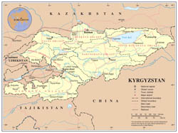 Large detailed political and administrative map of Kyrgyzstan with roads, major cities and airports.