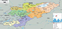 Large political and administrative map of Kyrgyzstan with roads, cities and airports.