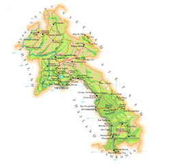 Detailed elevation map of Laos with roads, cities and airports.