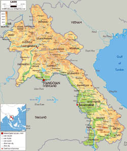 Large physical map of Laos with roads, cities and airports.