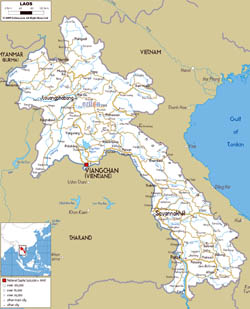 Large road map of Laos with cities and airports.