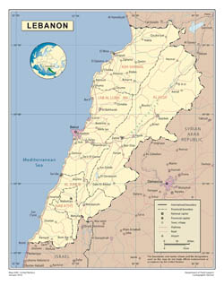 Large detailed political and administrative map of Lebanon with roads, major cities and airports.
