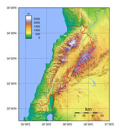 Large physical map of Lebanon.
