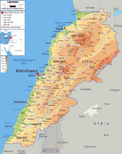 Large physical map of Lebanon with roads, cities and airports.