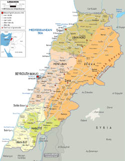 Large political and administrative map of Lebanon with roads, cities and airports.