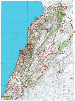Large topographical map of Lebanon with roads.