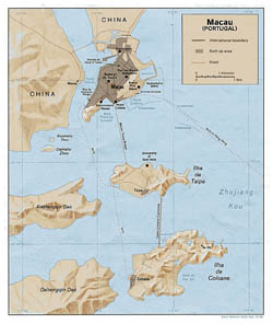 Detailed political map of Macau with relief and roads - 1986.