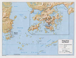 Large detailed political map of Hong Kong and Macau with relief - 1984.