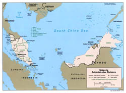 Large administrative divisions map of Malaysia with major cities - 1998.