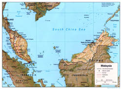 Large political map of Malaysia with relief, roads and major cities - 1998.