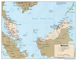 Large political map of Malaysia with roads and major cities - 1989.