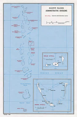 Large administrative divisions map of Maldives - 1968.