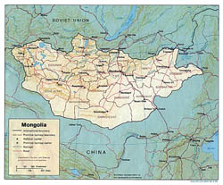 Detailed political and administrative map of Mongolia with relief - 1989.