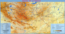 Large detailed physical map of Mongolia with roads and cities.